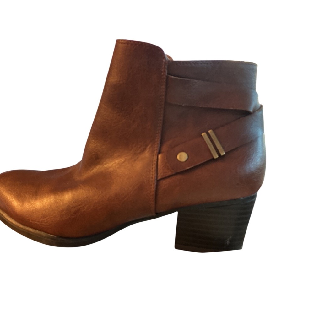 Natural Soul Calm Brown Faux Leather Ankle Boots Block Heel Side Zip Womens 9M